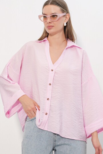Kadın Geniş Kol Oversize Gömlek 20401 - Pembe