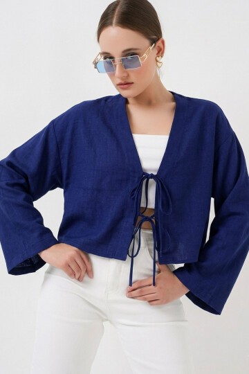Önü Bağlamalı Keten Kimono 960 - Saks