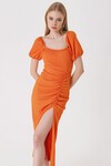 Merterium 2396 Yırtmaçlı Yazlık Örme Elbise - Turuncu