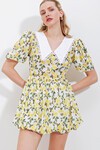 Merterium 2478 Çiçekli Mini Elbise - Sarı
