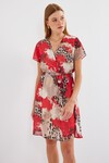 Merterium 2502 Kısa Kol Desenli Şifon Elbise - Kırmızı