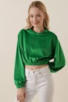 Merterium 55392 Kadife Crop Bluz - Yeşil