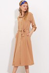 Merterium Kadın Camel Kuşaklı Gömlek Elbise 2442
