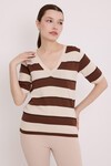 Merterium Kadın Kahve Krem Çizgili Kısa Kol Bluz 15869