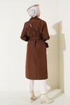 Merterium Kadın Kruvaze Yaka Kuşaklı Trençkot - Kahverengi