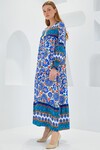 Merterium Kadın Saks Mavi Desenli Uzun Viskon Elbise 1947