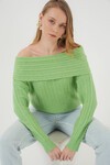 Merterium 15908 Kadın Açık Omuz Oversize Triko Kazak - E.Yeşil