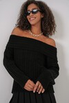 Merterium 15908 Kadın Açık Omuz Oversize Triko Kazak - Siyah