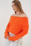 Merterium 15908 Kadın Açık Omuz Oversize Triko Kazak - Turuncu