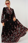 Merterium 2423 Otantik Desenli Tesettür Elbise - Siyah - Bordo