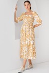 Merterium 2512 Desenli Yırtmaçlı Elbise - Sarı