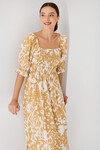 Merterium 2512 Desenli Yırtmaçlı Elbise - Sarı