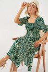 Merterium 2512 Desenli Yırtmaçlı Elbise - Zümrüt Yeşili