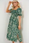 Merterium 2512 Desenli Yırtmaçlı Elbise - Zümrüt Yeşili