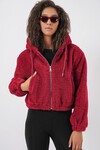 Merterium 5193 Kapüşonlu Peluş Crop Ceket - Bordo