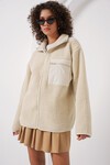 Merterium 55446 Fermuarlı Oversize Peluş Ceket Mont - Krem