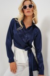 Merterium Kadın Bağlamalı Uzun Kol Saten Gömlek 20287 - Lacivert