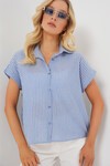 Merterium Kadın Çizgili Kısa Kol Gömlek 20324 - İndigo