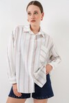 Merterium Kadın Çizgili Oversize Gömlek 20278 - B.Beyaz