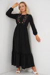 Merterium Kadın Nakışlı Uzun Tesettür Elbise 2550 - Siyah
