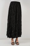 Merterium Kadın Uzun Kırışık Parlak Etek 8034 - Siyah