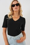 Merterium Kadın V Yaka Kısa Kol Basic Bluz 955 - Siyah