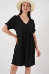 Merterium Kadın V Yaka Kısa Kol Elbise 2567 - Siyah