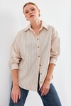 Merterium 20208 Çizgili Oversize Uzun Basic Gömlek - Krem