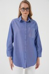 Merterium 20217 Cep Detaylı Çizgili Oversize Gömlek - İndigo