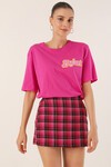 Merterium 4312 Nakışlı Oversize Tişört - Fuşya
