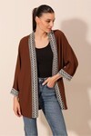 5866 Nakışlı Örme Kimono - Kahverengi