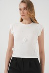 Merterium 929 Kısa Kol Örme Bluz - Beyaz