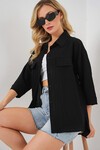 Merterium Kadın Cep Detaylı Kısa Kol Gömlek 20317 - Siyah