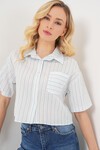 Kadın Çizgili Crop Gömlek 20342 - Açık Mavi