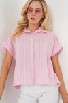 Merterium Kadın Çizgili Kısa Kol Gömlek 20327 - Pembe