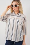 Kadın Çizgili Kısa Kol Gömlek 20344 - Bej