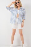Kadın Çizgili Kısa Kol Gömlek 20344 - Mavi