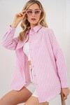 Merterium Kadın Çizgili Oversize Gömlek 20332 - Pudra