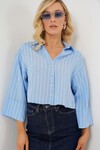 Merterium Kadın Çizgili Oversize Kısa Gömlek 20326 - Mavi