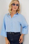 Merterium Kadın Çizgili Oversize Kısa Gömlek 20326 - Mavi