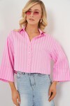 Merterium Kadın Çizgili Oversize Kısa Gömlek 20326 - Pembe