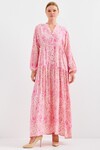 Kadın Desenli Pembe Viskon Tesettür Elbise 2423