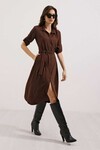 Merterium Kadın Kahverengi Kuşaklı Gömlek Elbise 2442