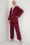 Merterium Kadın Keten Kimono Pantolon İkili Takım 1003 - Bordo