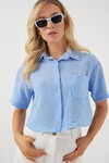 Merterium Kadın Kısa Kol Crop Gömlek 20341 - Mavi