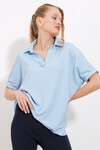 Kadın Mavi Oversize Polo Yaka Örme Bluz 0486