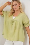 Merterium Kadın Önü Bağcıklı Kısa Kol Bluz 962 - E.Yeşil