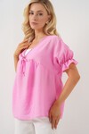 Merterium Kadın Önü Bağcıklı Kısa Kol Bluz 962 - Pembe
