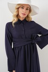 Kadın Önü Bağlamalı Keten Elbise 2574 - Lacivert