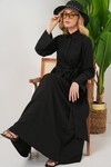 Kadın Önü Bağlamalı Keten Elbise 2574 - Siyah